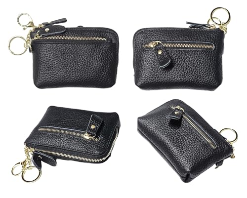 Women Genuine Real Leather Coin Purse with Hand Strap. 3 Zipper Small Wallet Wristlet with 3 credit cards slots Holder - Black3
