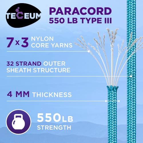 Image of TECEUM Reflective Paracord Rope 1000 - 1000ft /200ft /100ft /50ft - 40+ Colors - Glow in the Dark - para Cord - Utility Rope for Survival, Hunting & Camping Gear - Nylon String, Camping Rope, Tent Cord