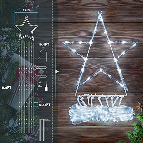 Christmas Lights Outdoor Decoration,344 Leds 11.5 Ft Ip65 Waterproof String Lights With Star Topper, 8 Lighting Modes Outside String Leather Rope Cool White Lights For Tree Decor,Holiday,Wedding,Gift #TOP4