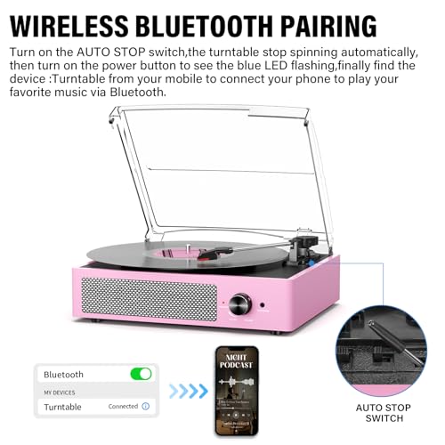 Image of Vinyl Record Player with 2 Stereo Speakers Belt-Driven Vintage Turntables 3 Speed 3 Size Wireless Bluetooth Playback AUX-in RCA Out Headphone LP Vinyl Players Auto Stop Pale Pink
