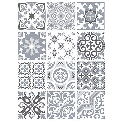 | Carrelage Autocollant | Planche de 12 Stickers Autocollants Adhesifs Carrelage - Carreaux de Ciment - GREYPASTELMONKEY - Dimensions d'un Sticker : 10 x 10 cm...