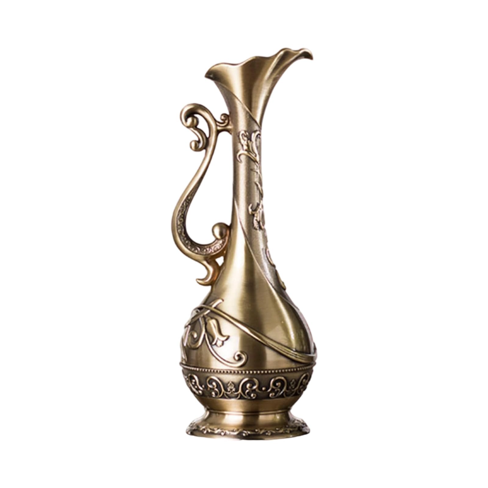 Contemporary Vintage Antique Bronze Metal Vases Geometric Embossed Texture Artistic Decors Flower Arrangement Container Vintage Metal Vases