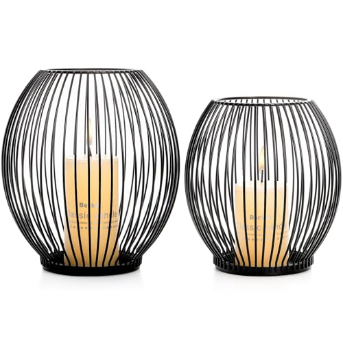Set of 2 Black Metal Candle Holders, Outdoor Candle Holder for Jar Candles, Decorative Pillar Candle Holders, Vintage Decorative Candle Stand for Home Decor, Wedding Parties, Cage Style