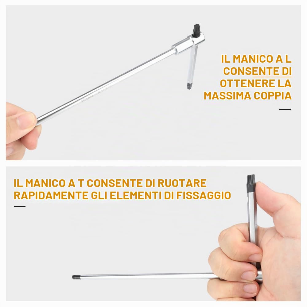 Hoteche Set di 9 chiavi Torx T8-T40 | CRV cromo vanadio | cromato opaco con impugnatura a T