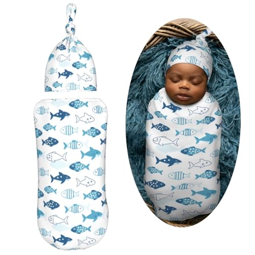 Image of Blue Shark and Fish Newborn Swaddle Blankets Hat Sets Soft Baby Receiving Blanket Swaddle Sack for Baby Shower Infant Boy Girl Gift