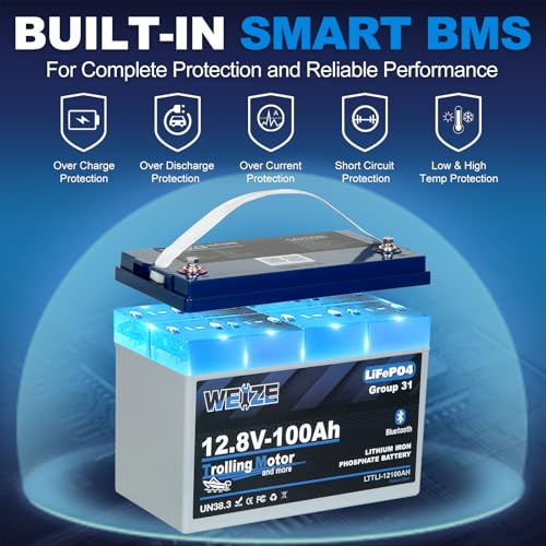 Image of Weize 12V 100Ah Bluetooth Trolling Motor LiFePO4 Battery Group 31, Low-Temp Protection Deep Cycle Lithium Battery 100A BMS 500A /3S Peak Discharge for Marine, Boat, RV, Solar