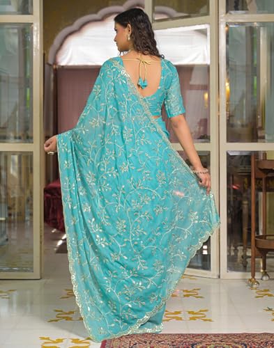 Image of SIRIL Women's Georgette Embroidery Saree With Unstitched Blouse