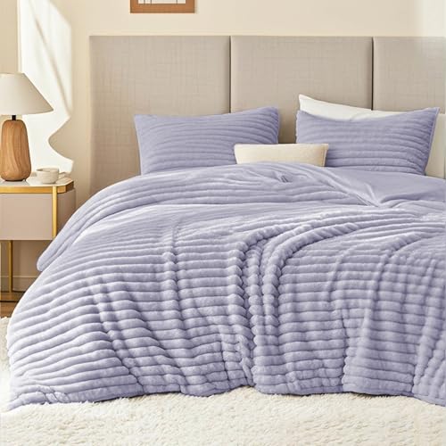 EXQ Home Fluffy Comforter Set Queen Size - Super Soft Faux Fur Stripe Jacquard Comforter 3 Pieces, Purple Fleece Bedding Set,Winter Warm Bed Set,1 Comforter with 2 Pillowcases