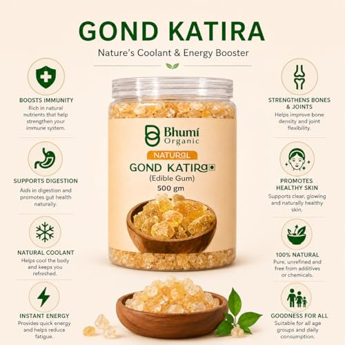 Image of Bhumi Organic Gond Katira (Tragacanth Gum), 500 GM | Natural Edible Gum for Summer Drinks, Body Cooling Ayurvedic Superfood, Gluten-Free