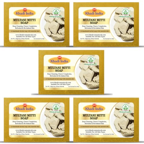 Image of Khadi Organic and Natural Multani Mitti Soap for Oily & Acne-Prone Skin | Deep Cleansing Herbal Bathing Bar with Fuller's Earth By Bhudevam Naturals | Suitable for All Skin Types (Pack of 5)