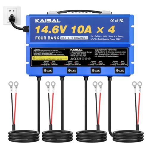 4 Bank Marine Battery Charger 12V 40A(10A/Bank) IP67 Waterproof 14.6V LiFePO4 & Lead-Acid & NCM Lithium Battery Charger 12 Volt 0V Wake Up 12V Onboard Battery Charger for Boat Car RV Trolling Motor