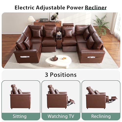 Image of RARZOE Faux Leather Sectional Sofa with 2 Power Recliner, U Shaped PU Leather Couch with Storage Console Charging Cup Holders, 6 Seater Oversized Modular Reclining Couches for Living Room, Brown