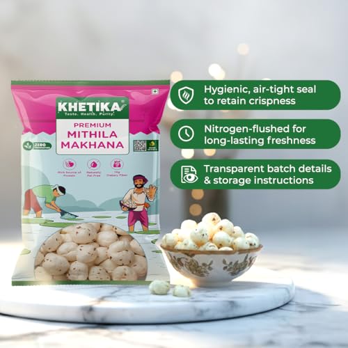 Image of Khetika Premium Mithila Makhana 100g | Dry Fruits in Fresh, Raw Foxnuts, Phool Makhana for Prasadam, Premium Lotus Puffs Seeds, Rich in Calcium, Natural & Crunchy, Fit for Fasting, Direct from Farm
