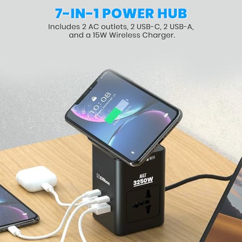 Image of Embox 8-in-1 Gan Charger 30W Fast Charger | Type C USB 2 AC Sockets (2500W) Wireless Fast Charging | Multi-Port Desktop Charger for Laptop, iPhone, Android, Portable Charging Station