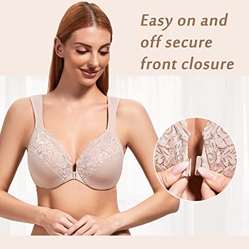 Dotvol Women's Plus Size Front Closure U-Back Underwire Wide Strap Everyday Bra(Beige,38Dd) #TOP2