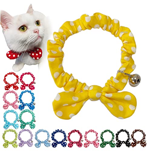 キャンリボ 手作り 猫 首輪 猫首輪 リボン シュシュ首輪 鈴付き/ミディアムドット イエローLMサイズ 27-28cm 日本製 軽量