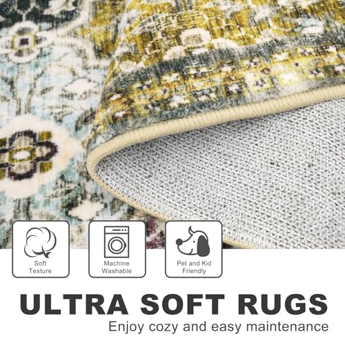 KILOCOCO 2x8 Runner Rug, Moroccan Super Soft Washable Hallway Entryway Runner Rug, Accent Print Faux Wool Kitchen Runner Rug 8 Feet Non-Slip Boho Rug Runners for Laundry Room Bedroom, Gold/Multi