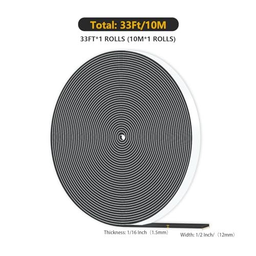 Image of Weather Stripping Door Seal,High Density CR,1 /2 in x 1 /16 in x 33Ft | Weather Stripping,Soundproof,Cold Insulation,Foam Insulation Tape for Door, Front Door Frame, Windows,Sliding Door,Black