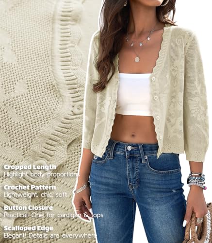 Image of Women Crop Cardigan Sweaters Lightweight 3 /4 Sleeve Button Up Crochet Shrug | Textured Bolero For Dresses Dressy Casual, V Neck, Ladies Eyelet Shawl Thin Trendy
