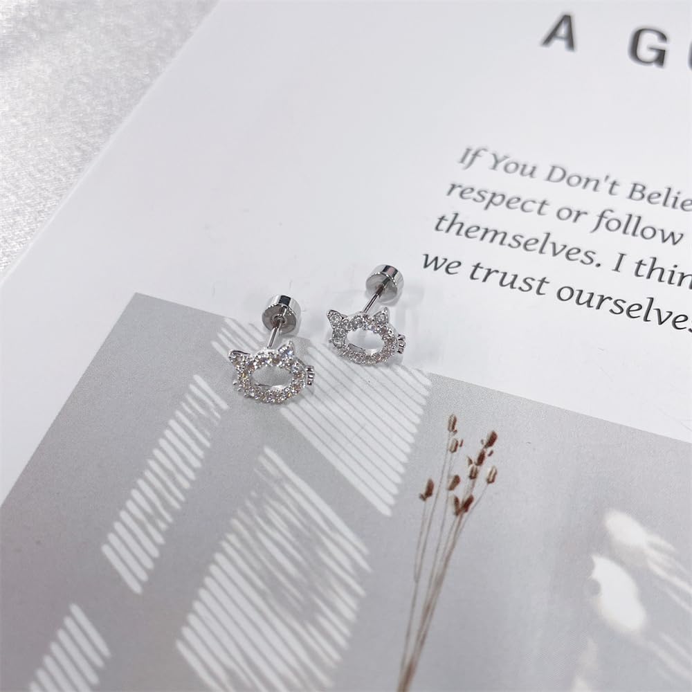 Cute 20g Cat Cz Small Stud Earrings for Women Stainless Steel Crystal Lovely Kitten Animal Cartilage Tiny Flat Screw Back Tragus Piercing Sleeper Studs Hypoallergenic Jewelry for Niece Daughter - Image 3