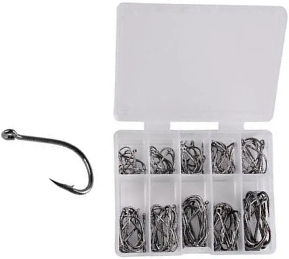 Conjunto de anzóis de pesca de aço de alto carbono, 500/100 peças sortidos de anzóis de pesca com mosca, com tamanho de anzol, pacote variado para água doce e salgada, para ganchos de aço sem farpa