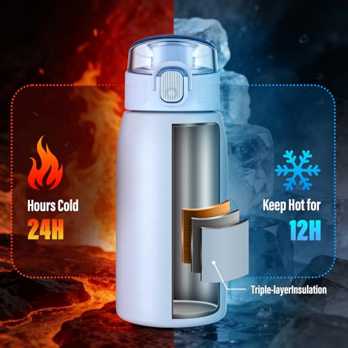 Image of Insulated Water Bottle 12 oz with Dustproof Lid, Carry Handle & Tea Infuser, BPA-Free & Leakproof, Stainless Steel Water Bottles Ideal for Fitness, Hiking, Office & Outdoor Use (Light Blue )
