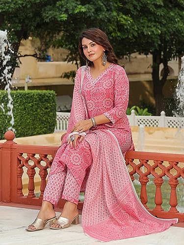 Image of GoSriKi Women's Cotton Blend Straight Printed Kurta with Pant & Dupatta