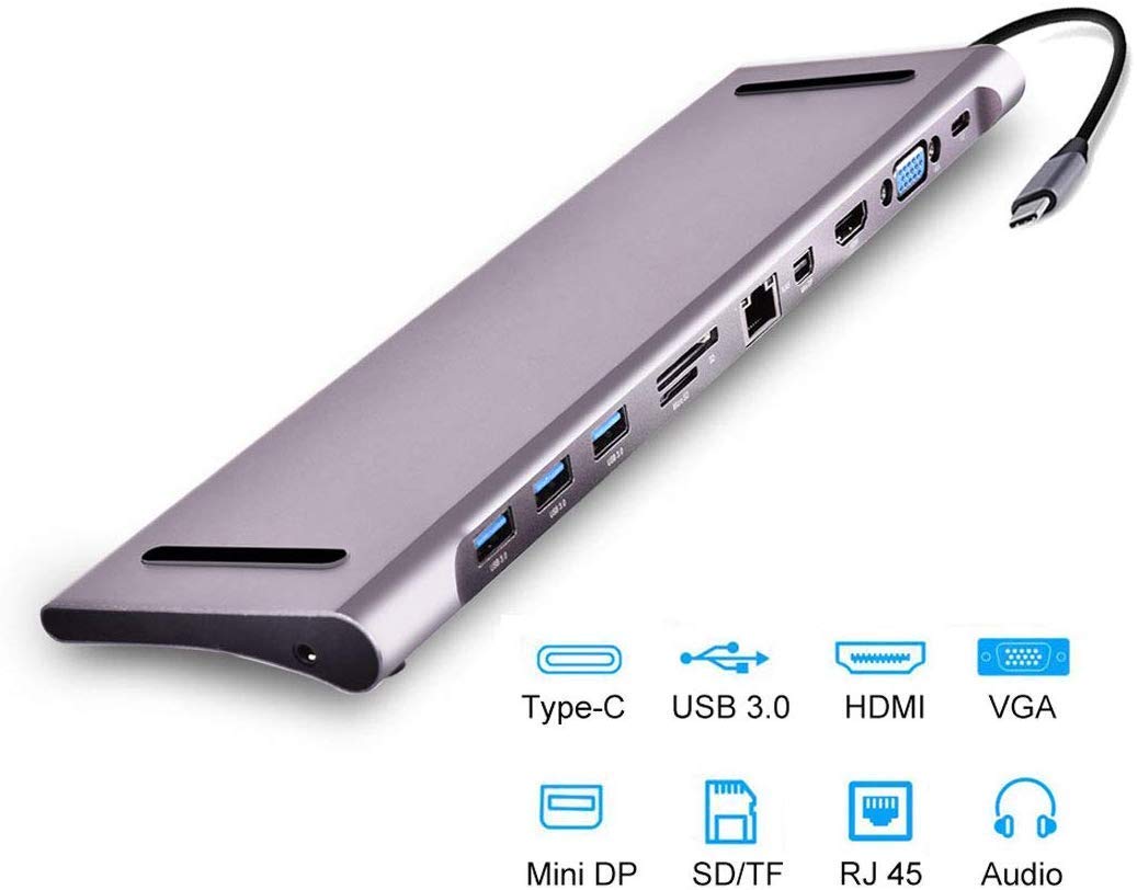 Protokart USB C Hub Docking Station Aluminum Multi-Function 11 in 1 Hub Pro, Mini Display Port,Gigabit Ethernet,3.0 USB Ports,SD Card, Headphone/Speaker Connections,HDMI/VGA/SD/TF/RJ45/USB-C Converter