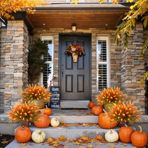 Image of Bassion 24 Bundles Fake Lavender Artificial Fall Mums Flowers for Outdoors | UV resistant, plastic flowers, faux lavender with monkey grass, porch garden planters window box autumn home decorations