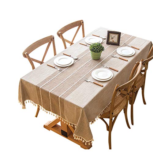 Old DIrd Washable Cotton Linen Rectangle Table Cloth,Heavy Weight Tassel Wrinkle Free Anti-Fading Tablecloths Table Cover for Kitchen Dining Party(Rectangle/Oblong, 55 x 102 Inch,Khaki)