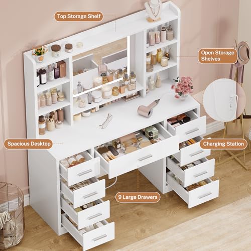 Image of Quimoo Vanity Desk with Mirror, LED Lights and Power Outlet Makeup Vanity Table with 9 Drawers and 7 Storage Shelves Dressing Table for Bedroom Dressing Room (White)