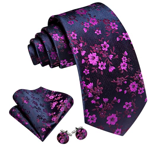 Image of Barry.Wang Men Tie Set Floral Paisley Silk Necktie Pocket Square Cufflinks Formal Wedding Party Business