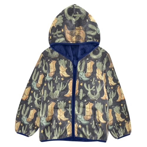 Cowboy Boots and Cactus Pattern Toddler Fleece Jacket Girl Boys Hooded Fleece Jacket Coat Warm Outwear Zip-up 3-10T