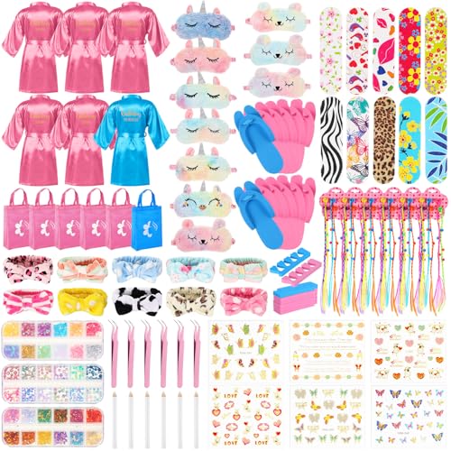 Suhine 6 Sets Girls Spa Birthady Party Supplies Birthday Print Satin Robe Tote Bags Spa Kit Nail Salon Kit(Blue, Pink)