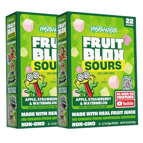 Fruit Blox Sours Fruit Snacks, Apple Strawberry & Watermelon, 2 Boxes of 22 Pouches, Non-GMO, Made...