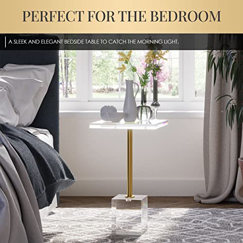 Houseables Acrylic End Table, Drink Tables For Small Spaces, Clear Pedestal Stand, 13”X13”, 22 Inch High, Square, Nickel, Transparent Endtable, Modern Nightstand, Decorative Living Room Furniture #TOP5