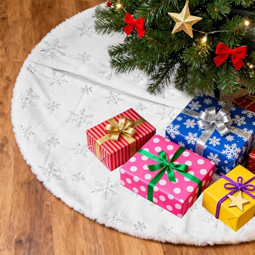 BUCOMTU Weihnachtsbaumdecke 122 cm Weihnachtsbaumrock mit Schneeflockenmuster Kiefer Decke mit rundem Teppich Tannenbaumdecke für Frohe Weihnachten Party Dekorationen
