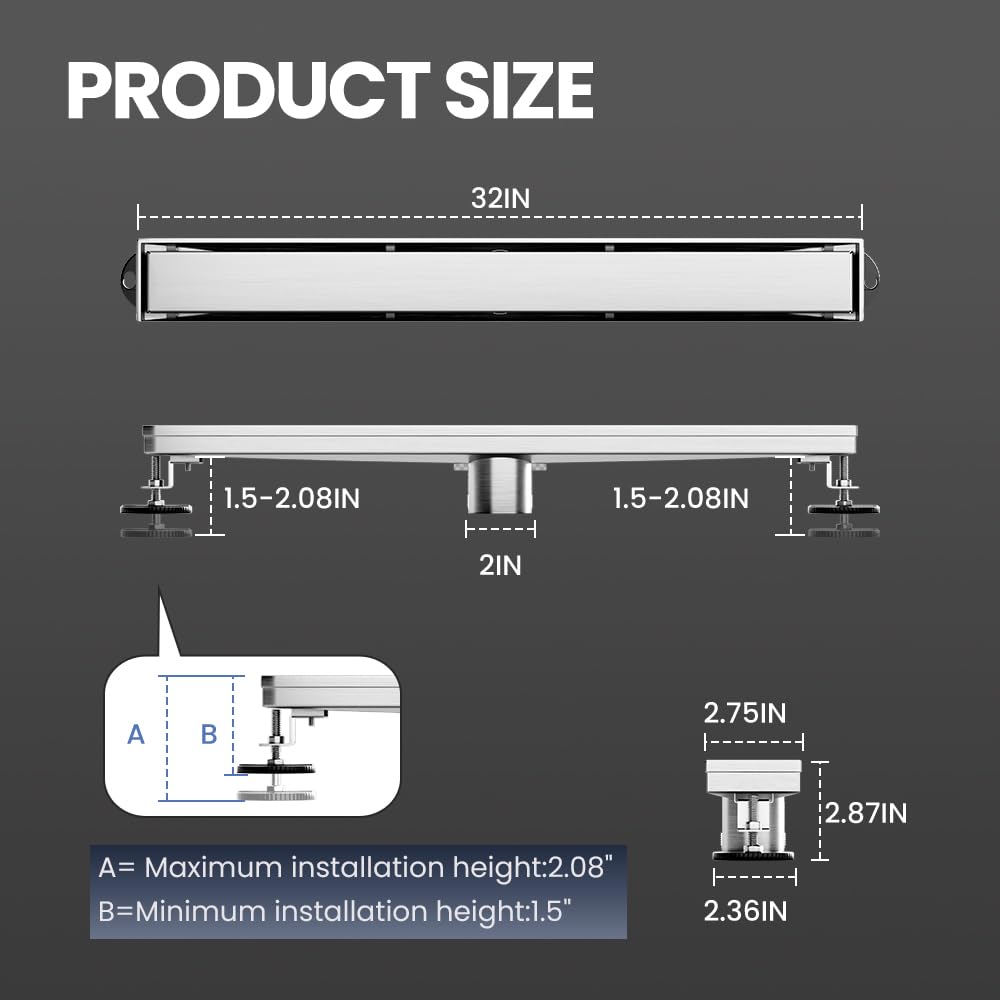 Liniowy odpływ prysznicowy 82 cm, szczotkowany odpływ prysznicowy ze stali nierdzewnej AISI 304 z panelem płytki 2 w 1, do łazienki, kuchni, garażu i nie tylko