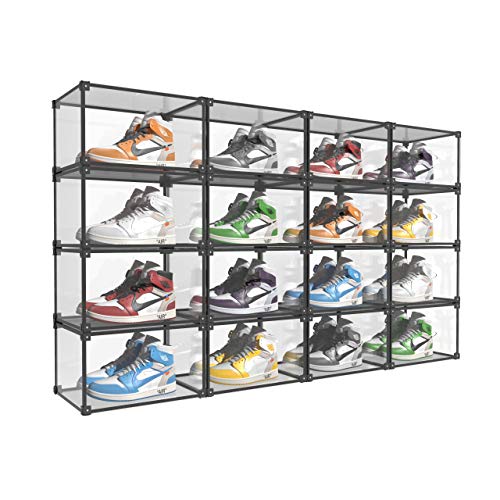KOKOIN Magnetic Side Open Transparent Plastic Storage Shoe Box Storage Shoe Box Sneaker Storage Box Display Box Shoe Container Clear Closet Shelf Shoe Organizer (Black 16PC)
