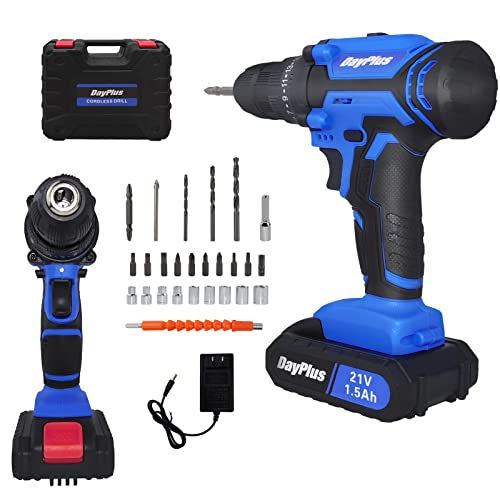 Akku-Bohrschrauber, 21V Akkuschrauber mit Ladegerät und Batterien, Eingebautes LED Licht, 2 Variable Drehzahl, 3/8…