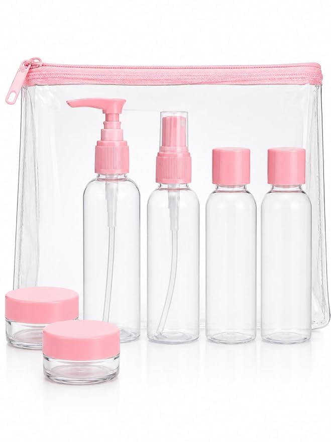 Hazzu Travel Size Cosmetic Bottle Set, 7-Piece Plastic Spray Packaging, Pink, Refillable Containers for Personal Care, Lotion, Skincare (Pink)-image-14