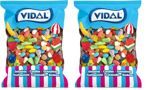 Vidal Golosinas. Mini Mix Azúcar. Surtido de golosinas con forma de frutitas mini recubiertas de azúcar. Multicolor. Sin Gluten. Bolsa 1 kg (Paquete de 2)