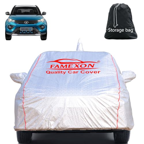 Image of Full Body Car Cover for Tata Nexon EV with Mirror and Antena Pocket Triple Stiched(Silver with Red Piping)
