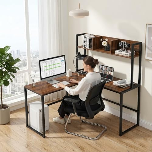 Image of Office Study Table| Reversible L Shaped Corner Workstation Table for Home with Hutch| Computer Desk with Storage Shelves & Bookshelf| Rustic Brown & Black | 140 x 50 x 150 CM