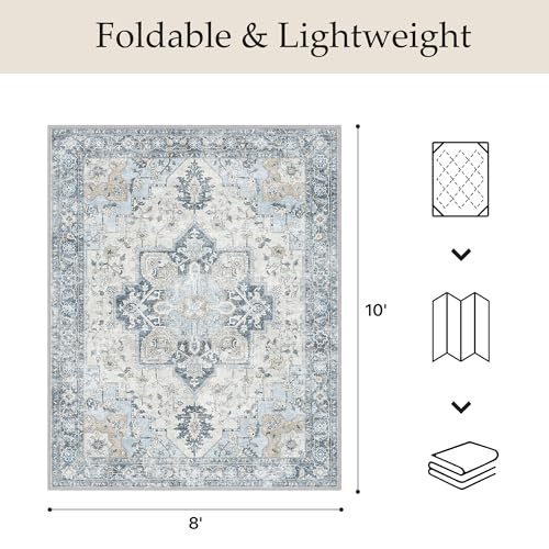 Image of GENIMO Indoor & Outdoor Area Rug 8'x10', Waterproof, Non-Shedding, Easy Cleaning, Boho Mat for Patio, Living Room, Balcony, Dining Room, RV, Deck, Bedroom, Camping, Outside Carpet, Blue
