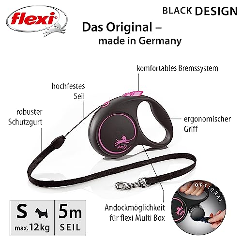 flexi® Black Design S Seil 5 m schwarz/pink, Roll-Leine für Hunde bis 12 kg