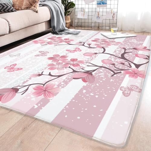 ラグ カーペット 和風 ストライプ柄 桜柄 ピンク 絨毯 おしゃれ 北欧 じゅうたん 長方形 洗える 滑り止め 防音 フロアマット フランネルラグ 部屋用 居間用 オールシーズン
