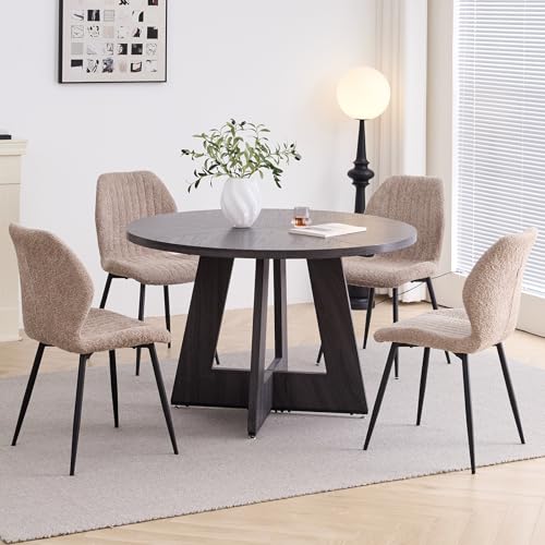 Image of 47 inch Round Dining Table Set for 4, Kitchen Table and Chairs | Wooden Cross Base, Boucle Fabric Chair, for Apartment