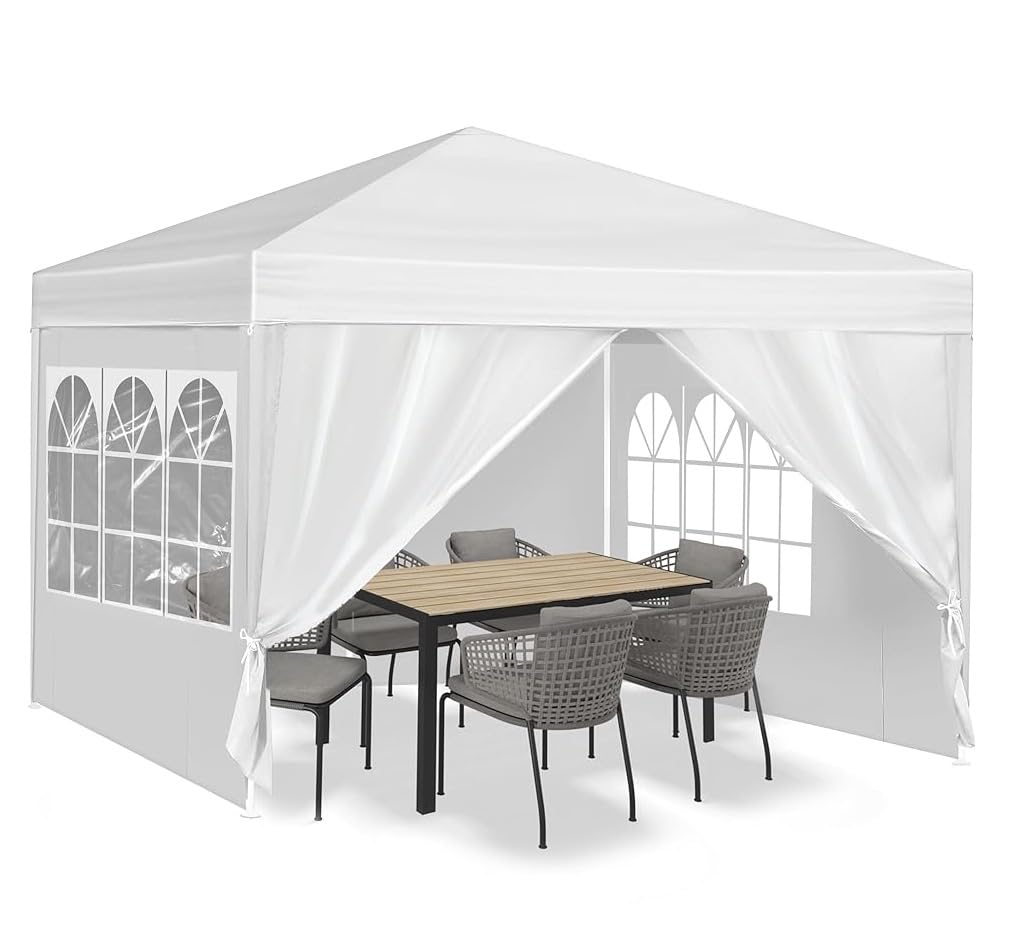 Teabelle 10x10 FT Party Canopy Tent with 4 Removable Sidewalls, Heavy Duty White Wedding Gazebo, Waterproof Outdoor Event Shelter with Portable Steel Poles, Sun Shade for Patio Lawn Garden Yard