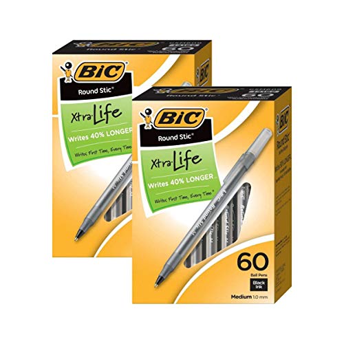 BIC Round Stic Xtra Life Ballpoint Pen, Medium Point (1.0mm), Black, 60-Count (Black, 2 Boxes, 60 Count)